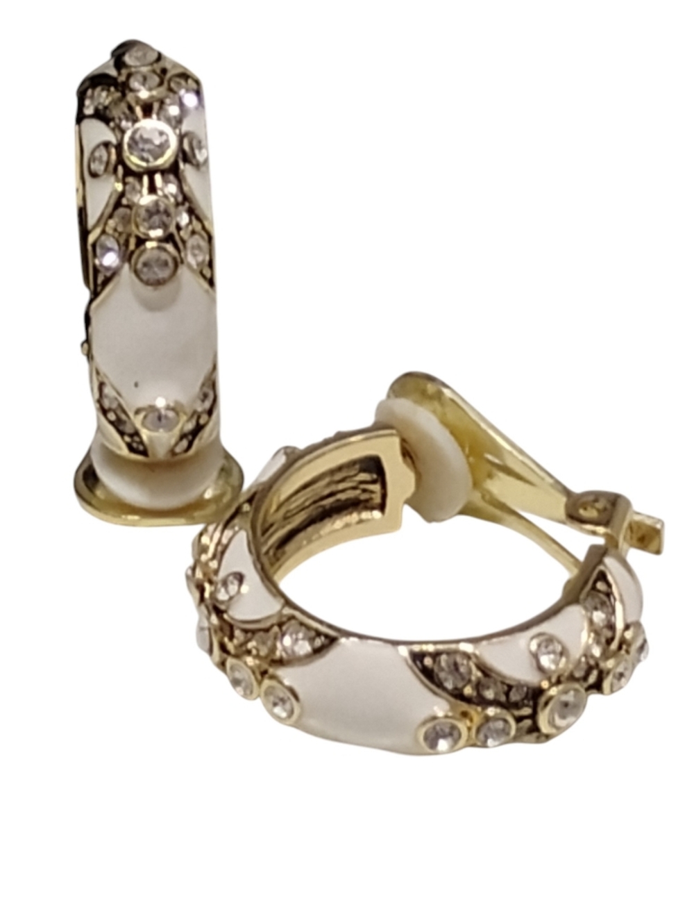 [Black Label] Gold-Tone White Enamel Crystal Hoop Clip On Earrings - Picture 5 of 5